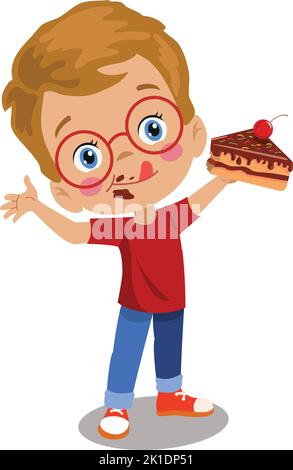 cute happy boy eating cherry chocolate cake Stock Vector