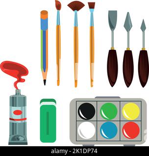Art studio art tools and supplies set. Palette paintbrush pensil oil paint watercolor Stock Vector