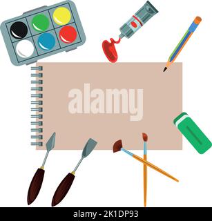 Art studio hand drawn art tools and supplies set. Palette paintbrush pensil oil paint watercolor note paper Stock Vector