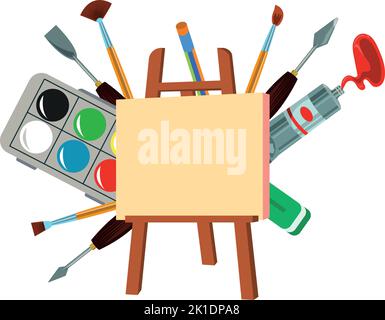 Art studio hand drawn art tools and supplies set. Palette paintbrush pensil oil paint watercolor Stock Vector