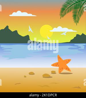 Amazing Seascape Sunset and Starfish Stock Vector