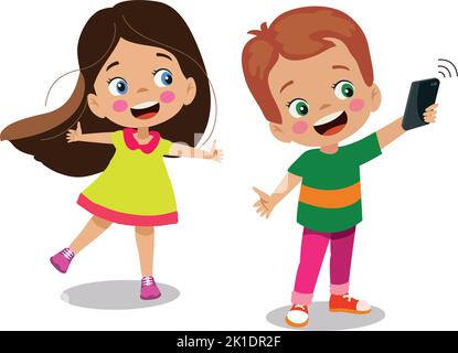 cute happy boy and girl taking selfie Stock Vector