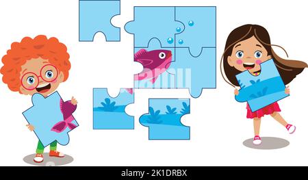 smart cute kids trying to complete the puzzle fish puzzle Stock Vector