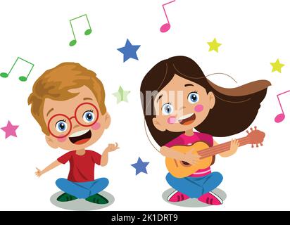 cute happy kids playing guitar and singing and having fun Stock Vector