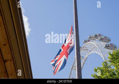 union jack in half mast in tribute to late queen Stock Photo