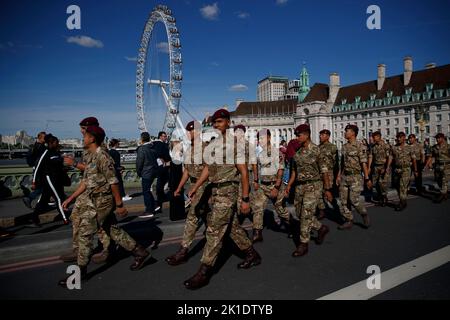 London, UK. 17th Sep, 2022. An army team from Sir John Moore barracks roaming at Westminster bridge, ahead of the Queen's state funeral in London, Britain, September 17, 2022 (Credit Image: © May James/ZUMA Press Wire) Stock Photo