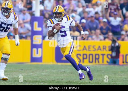 September 17, 2022: LSU quarterback Jayden Daniels (5) scrambles for a first down during NCAA football game action between the Mississippi St. Bulldogs and the LSU Tigers at Tiger Stadium in Baton Rouge, LA. Jonathan Mailhes/CSM Stock Photo