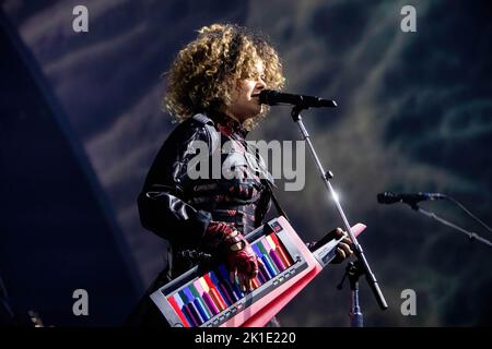 Milano, Italy. 17th Sep, 2022. Régine Chassagne of the Canadian indie rock band Arcade Fire performs during a concert at Mediolanum Forum. All the band's studio albums have received nominations for Best Alternative Music Album at the Grammys. Funeral is widely considered by music critics to be one of the greatest albums of the 2000s. (Photo by Mairo Cinquetti/SOPA Images/Sipa USA) Credit: Sipa USA/Alamy Live News Stock Photo