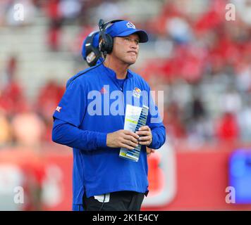 Kansas head coach Lance Leipold, right, argues a call during the first ...