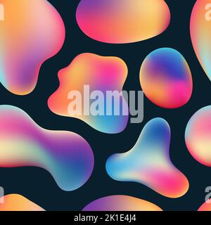 Abstract 3D vibrant color fluid bubbles shapes seamless pattern on black background. Vector illustration Stock Vector