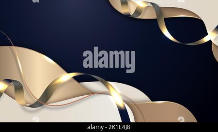 Abstract luxury 3D golden fluid with gold ribbon lines on dark blue background paper cut style. Vector illustration Stock Vector