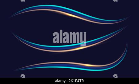 Set of blue glowing lighting effect wave lines elements isolated on dark background. Vector illustration Stock Vector