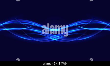 Abstract blue neon shiny glowing wave moving lines with lighting effect design elements on dark background. Technology digital concept. Vector illustr Stock Vector