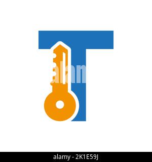 Letter T Key Logo Combine With House Locker Key For Real Estate and House Rental Symbol Vector Template Stock Vector