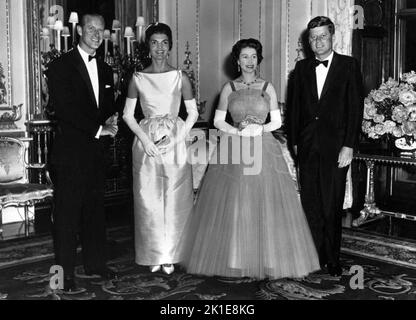 Group portrait featuring (L to r) Prince Philip, Duke of Edinburgh, Jacqueline Kennedy, Queen Elizabeth II, and U.S. President John F. Kennedy at Buckingham Palace on June 5, 1961.