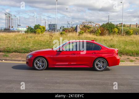 2018 Red BMW 320 320D XDRIVE SE 1995cc 8-speed automatic; travelling to the Classic and speed event in Southport, UK Stock Photo