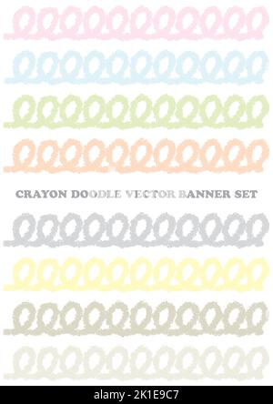 Set Of Pastel-Colored Crayon Doodle Borders Isolated On A White Background. Vector Illustration. Stock Vector