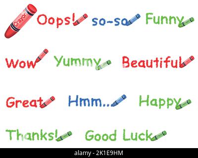 Set Of Words Written With Colorful Crayons Isolated On A White Background. Vector Illustration. Stock Vector