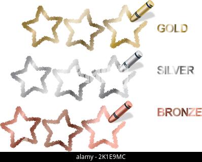 Vector Crayon Textured Three-Star Grading Symbols In gold, Silver, and Copper Colors. Stock Vector
