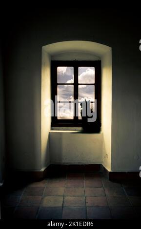 a cat sitting on a windowsill looking outside the window at the sky Stock Photo