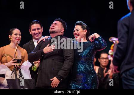Buenos Aires, Argentina. 17th Sep, 2022. Sebastian Bolivar and Cynthia Palacios celebrates after winning the salon category of the Tango World Championship in Buenos Aires's Obelisk. (Photo by Manuel Cortina/SOPA Images/Sipa USA) Credit: Sipa USA/Alamy Live News Stock Photo