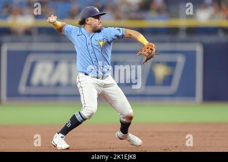 St. Petersburg, USA. 09th June, 2022. St. Petersburg, FL USA; Tampa Bay Rays  shortstop Wander Franco (5) fields and throws out Texas Rangers third  baseman Josh Jung (6) at first base during