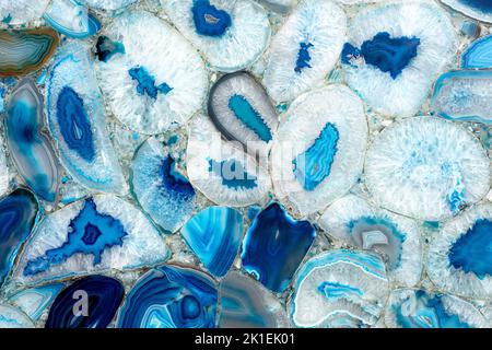 Sample of blue mosaic made of pieces of natural agate collected in manual handing. Material for unique interior, exterior design decoration. Exclusive Stock Photo