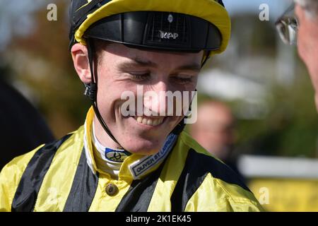 Newbury, UK. 17th Sep 2022. David Egan enjoys victory in the winners enclosure after winning the 2.50 Dubai Duty Free Mill Reef Stakes at Newbury Racecourse to record 4 wins in succession, UK. Credit: Paul Blake/Alamy Live News. Stock Photo
