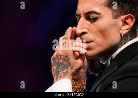 Buenos Aires, Argentina. 17th Sep, 2022. Julian Sanchez and Bruna Estellita of Argentina dance while competing in the final round of the stage category during the Tango World Championship in Buenos Aires's Obelisk. Credit: SOPA Images Limited/Alamy Live News Stock Photo