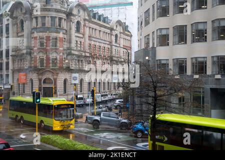 Buses and traffic on Lambton Quay, Wellington, North Island, New Zealand Stock Photo