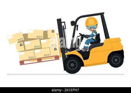 Dangers of driving a forklift. Industrial worker in an accident with boxes falling on the fork lift truck. Work accident in a warehouse. Security Firs Stock Vector