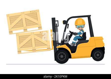 Dangers of driving a forklift. Accident due to excess weight in a fork lift truck. Work accident in a warehouse. Forklift driving safety. Security Fir Stock Vector