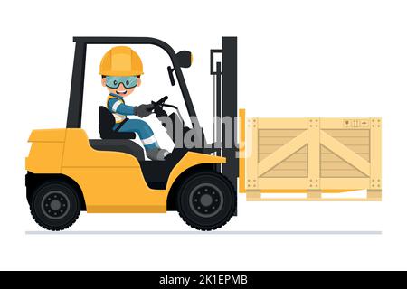 Industrial worker carefully driving a forklift. Yellow fork lift truck transporting a wooden box packaging pallet to a warehouse. Industrial storage a Stock Vector