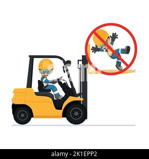 Transporting people on the forklift is prohibited. Dangers of driving a forklift. Forklift driving safety. Work accident in a warehouse. Security Firs Stock Vector