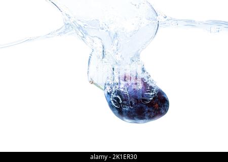 Plum dropped in water with splashes isolated on white background. Stock Photo