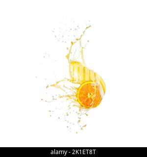 Sliced orange fruit splashing around orange juice white background. Stock Photo