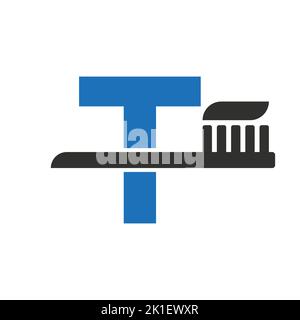 Initial Letter T Dental Logo Combine With Tooth Brush Symbol Template Stock Vector