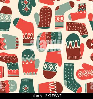 Colorful Retro Knitted Mittens and Socks Vector Seamless Pattern Stock Vector
