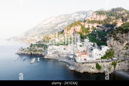 View from above, stunning aerial view of the village of Atrani. Atrani is a city and comune on the Amalfi Coast in the province of Salerno Stock Photo