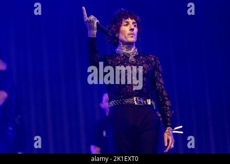 Oliver Sykes of the band Bring Me the Horizon performs in concert during  the Rock Allegiance Festival at PPL Park on Saturday, Oct. 10, 2015, in  Chester, Pa. (Photo by Owen Sweeney/Invision/AP