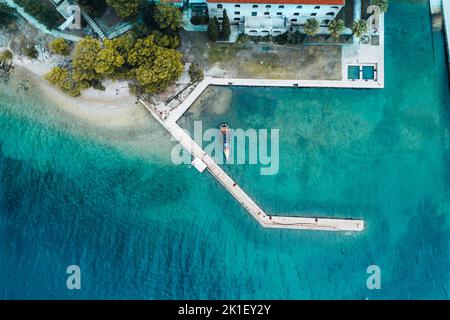 Aerial top-down view over Island before the storm. Marjan Hill in autumn. Adriatic coastline in September. Stock Photo