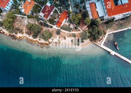 Aerial top-down view over Island before the storm. Marjan Hill in autumn. Adriatic coastline in September. Stock Photo