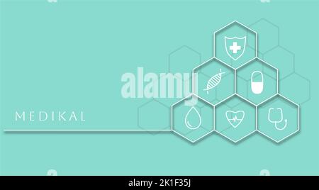 medical background honeycomb and icons turquoise minimal illustration Stock Vector