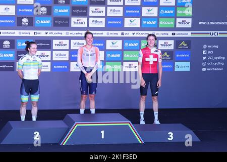 18th September 2022; 18th September 2022, Wollongong, Illawarra, South Wales, Australia: UCI World Road Cycling Championships, Womens Time Trials: Medal winners prepare to receive their awards. Stock Photo