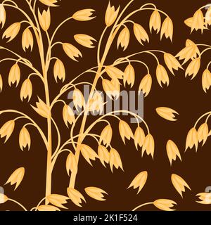 Seamless pattern Oat agriculture plant with ears grain vector illustration on brown background Stock Vector