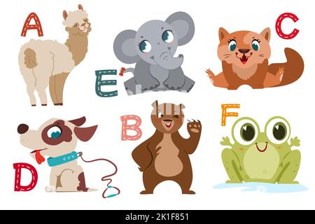 English alphabet with flat cute animals for kids education. Letters with funny animal characters from A to F. Children design set for learning to spell with cartoon zoo collection. Stock Vector