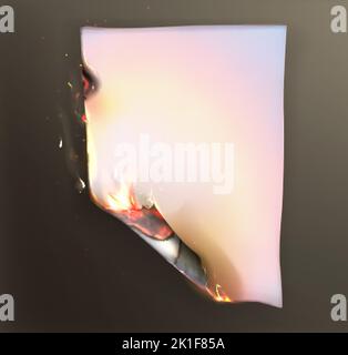 Realistic burnt ripped sheet with scorched borders. smoldering paper page with fire and black ash on dark background. Charred old piece of parchment in flame with burned uneven edges. Stock Vector