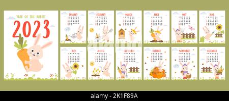calendar 2023 with cute bunny farmer gardener. Printable planner, organizer 12 vertical monthly page templates and cover. Vector illustration. Week Stock Vector