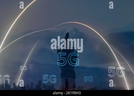 Digital communication technology background with hand touching virtual screen digital remix Stock Photo