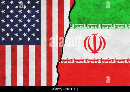 Iran and United States of America flags together. USA and Iran conflict. USA vs Iran Stock Photo